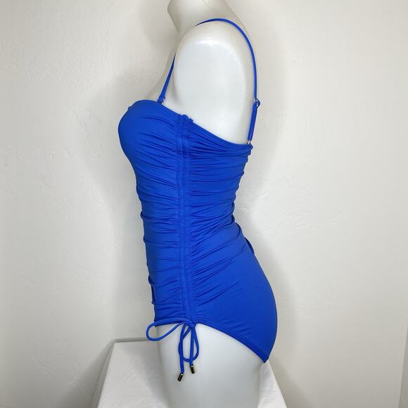 La Blanca Slimming Shirred One Piece Swimsuit Womens 6 Blue Tie Sides Ruched - Picture 3 of 6